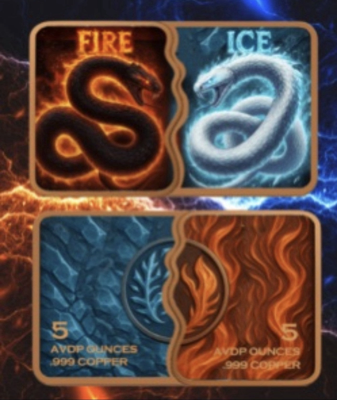 Fire & Ice Snake Fusion Bar Colorized 2 x 5 oz Copper Medal Set