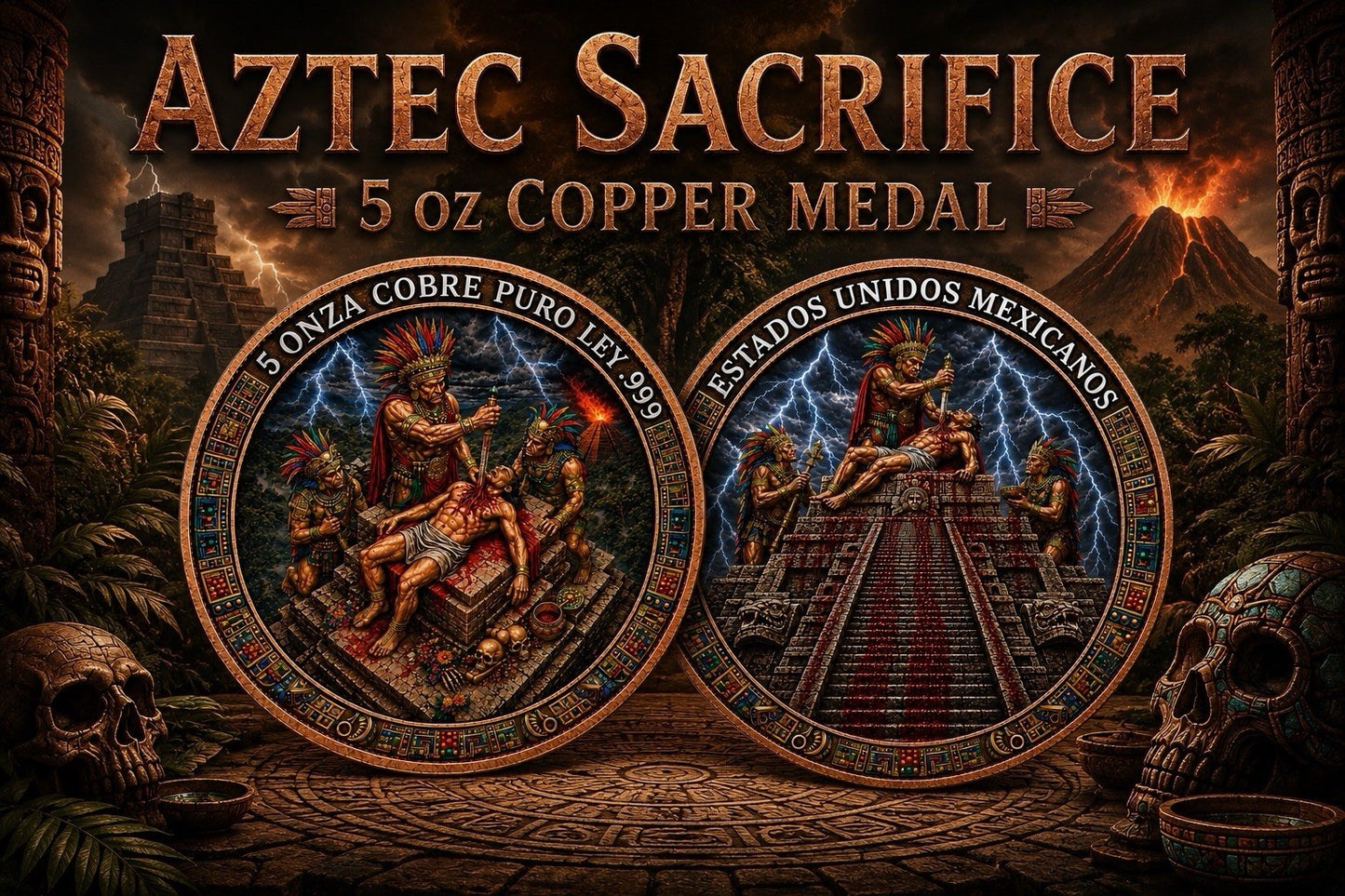 Aztec Sacrifice Colorized 5 oz Copper Medal