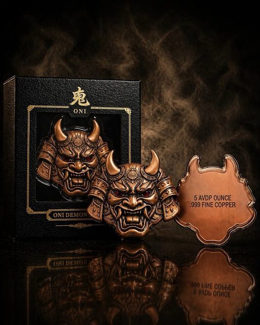 Japanese Demon Mask w/ crystal eyes 5oz Copper Medal in box