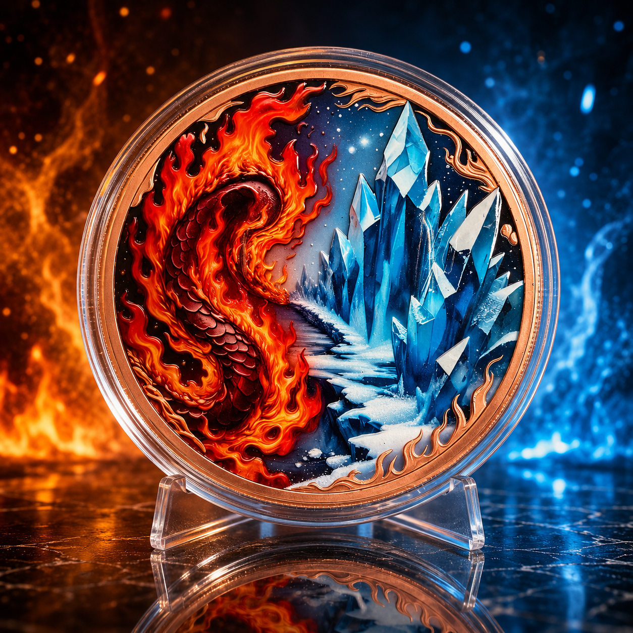 Dragon of Ice vs Dragon of Fire 10 oz AVDP .999 Fine Copper Round – Colorized – With Capsule