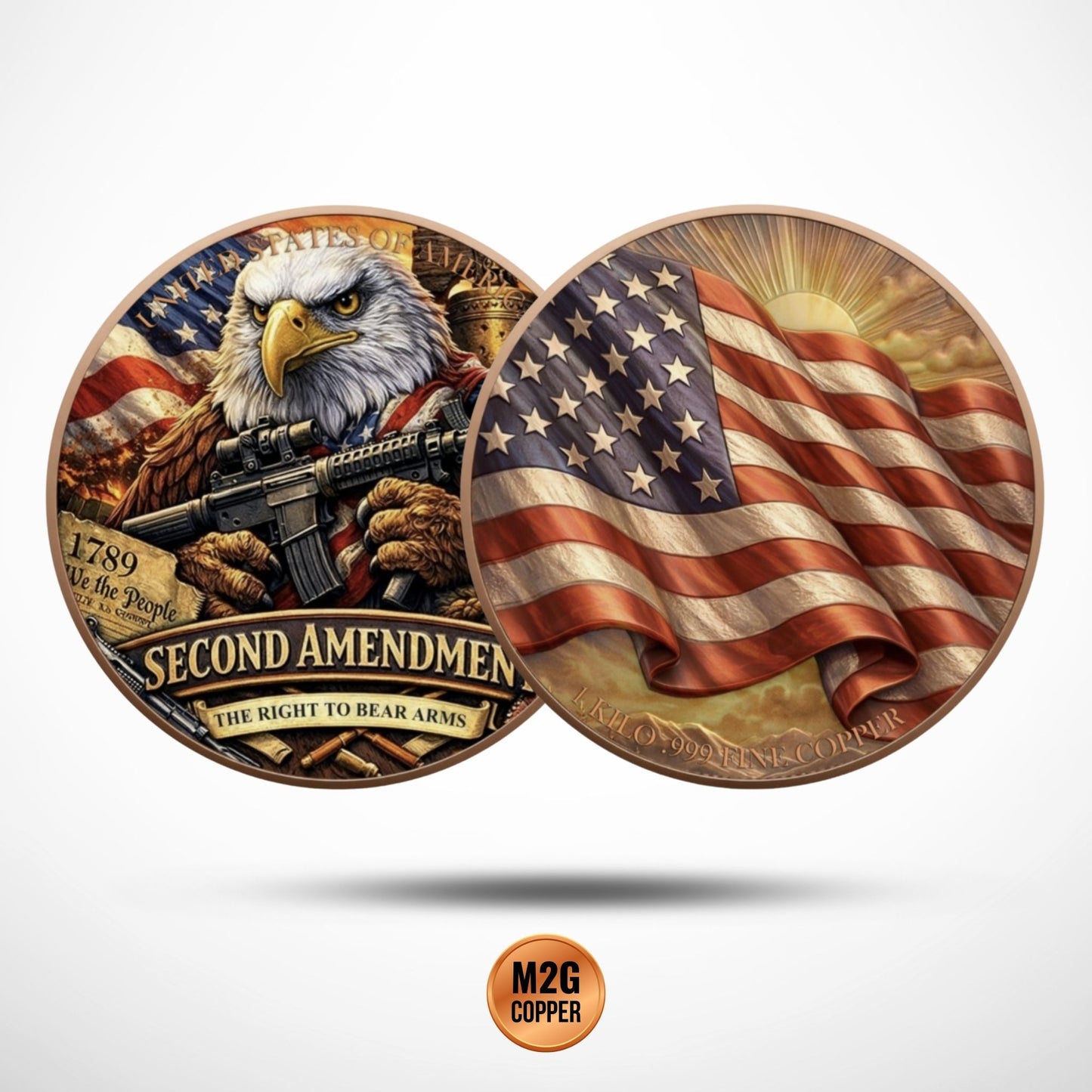 2nd Amendment Eagle Colorized 1 Kilo .999 Copper Medal in Capsule