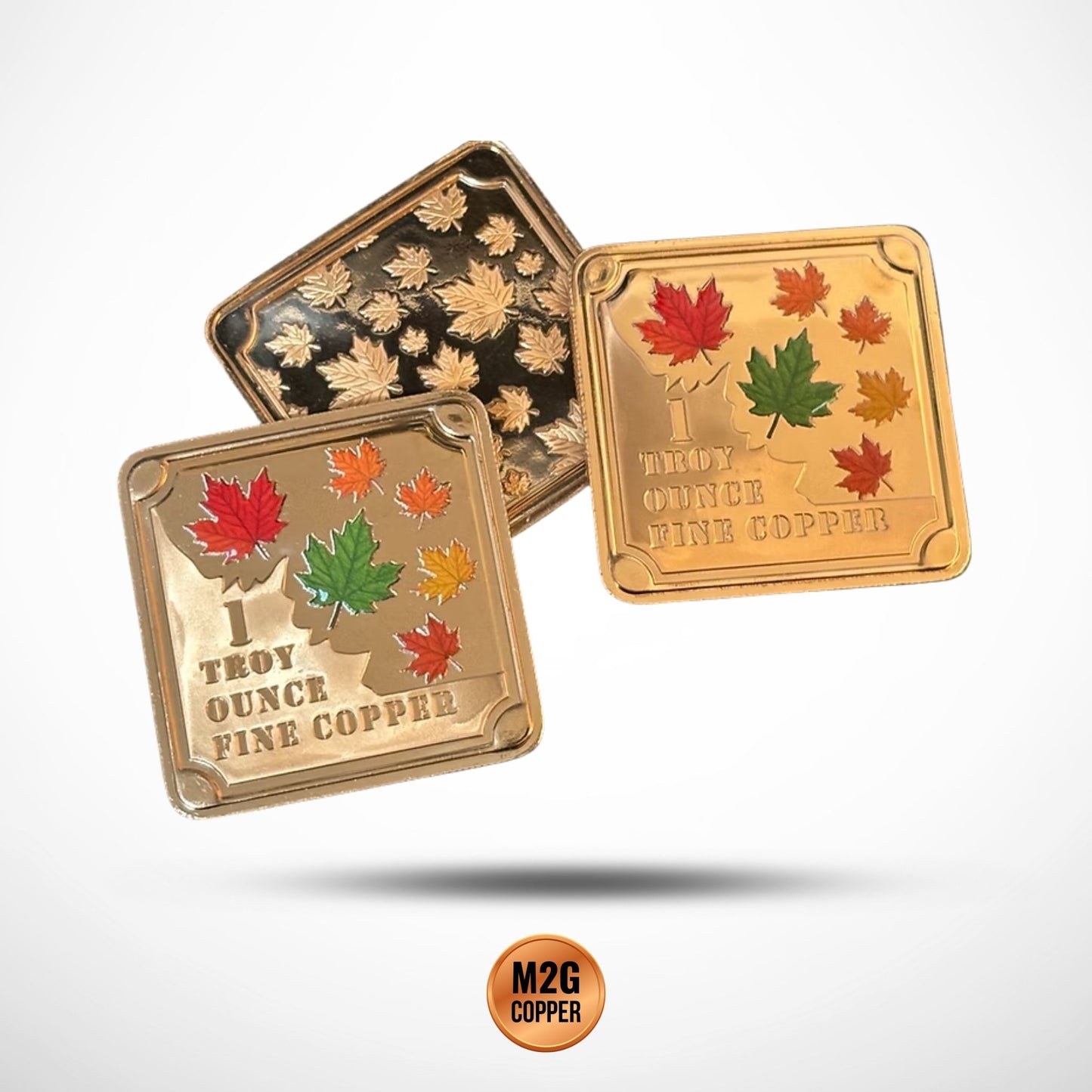 1 oz Copper Square Stackable Bar – Maple Leaves Design – .999 Fine Copper
