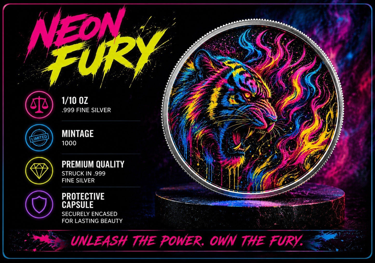 Neon Fury Colorized 1/10 oz Silver Round