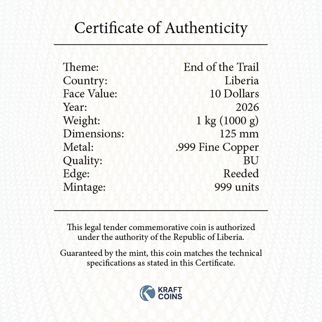 2026 Liberia End of the Trail 1 Kilo .999 Fine Copper Coin High Relief