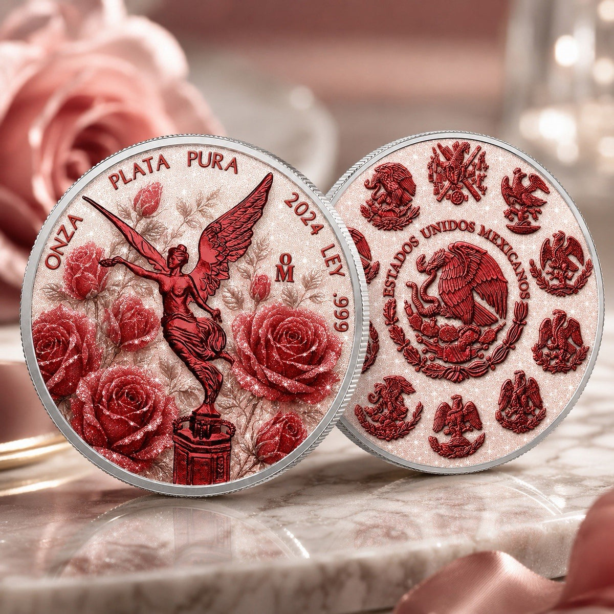 2024 Mexico Libertad 1 oz .999 Silver Coin Rose Diamond Dust Colorized