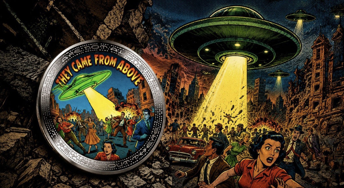 2026 Cameroon Alien Comic Book 1 oz .999 Silver Proof Coin, UFO Art