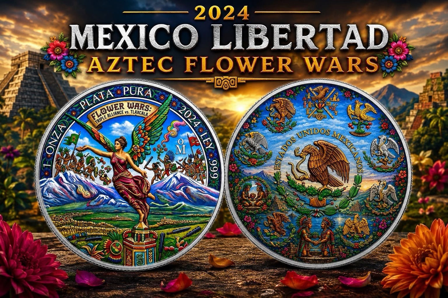 2024 Mexico Libertad Aztec Flower Wars Edition 1 oz Silver Coin