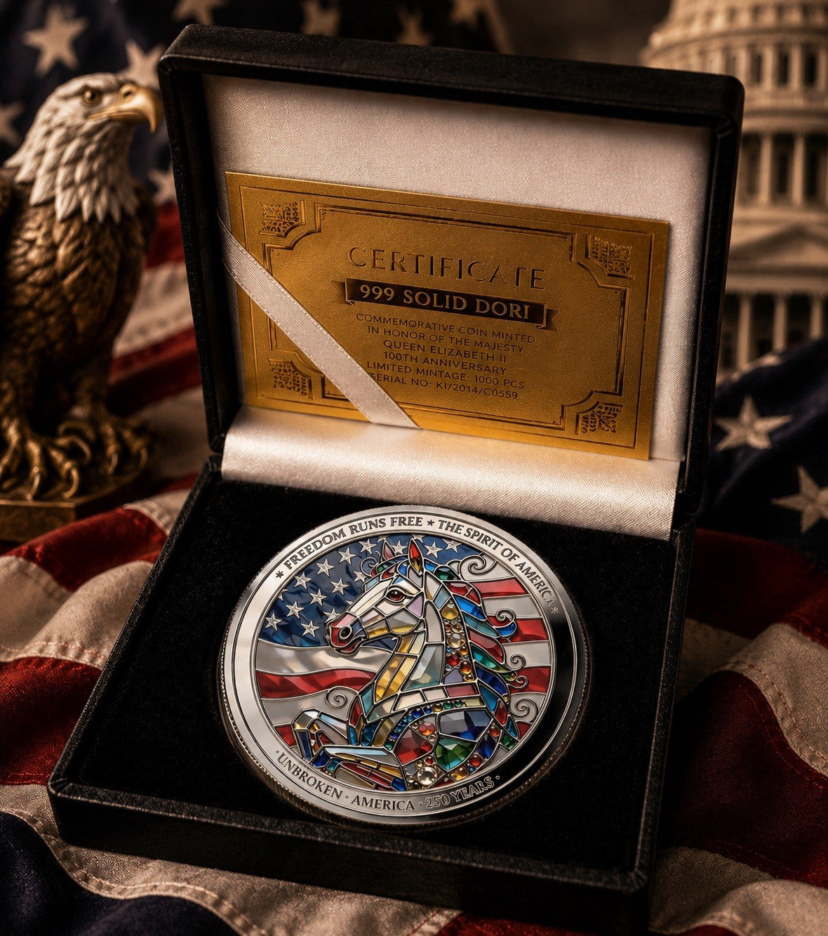 America 250th Stained Glass Style Commemorative Coin, Eagle & Horse