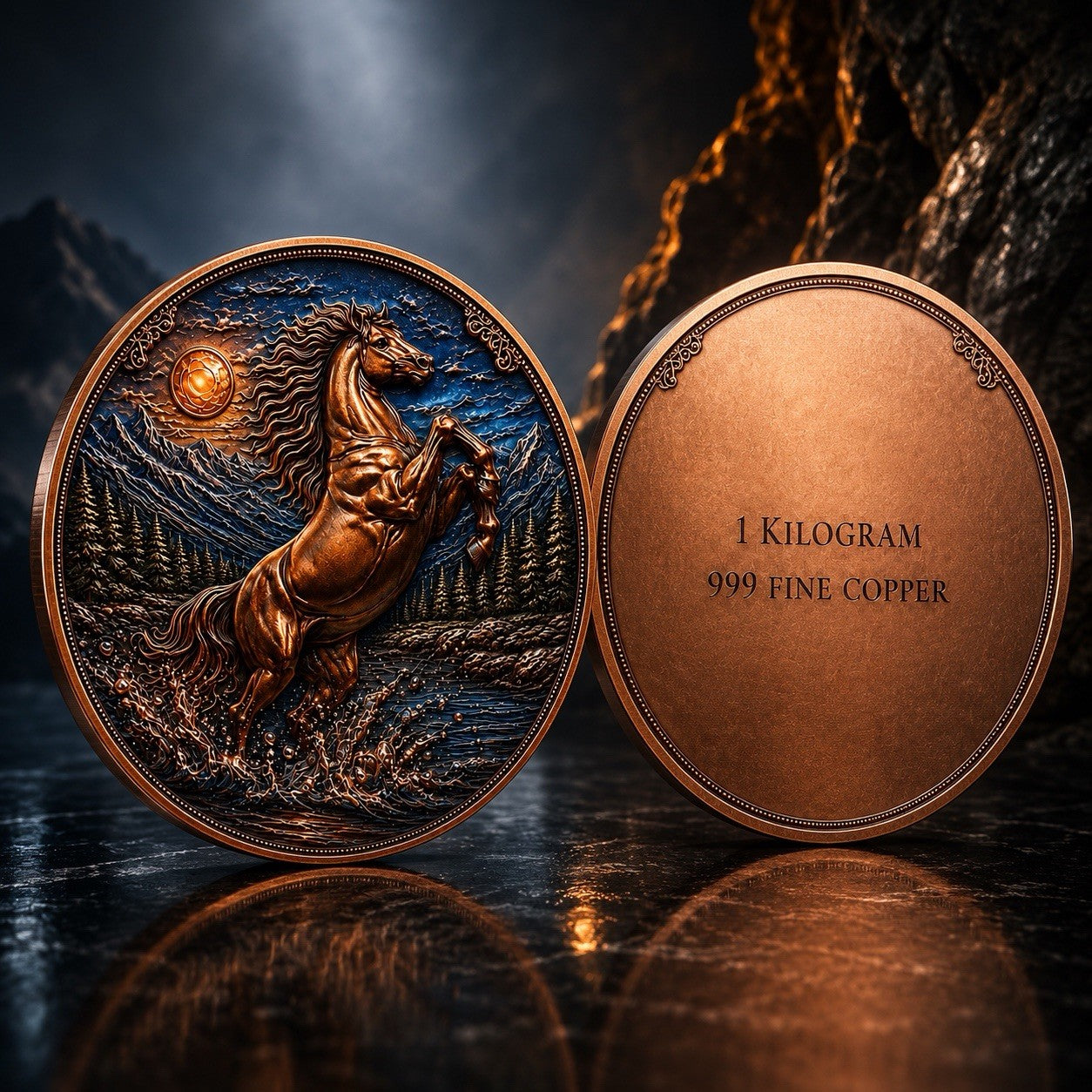1 Kilo the Majestic Mountain Stallion .999 Copper Round