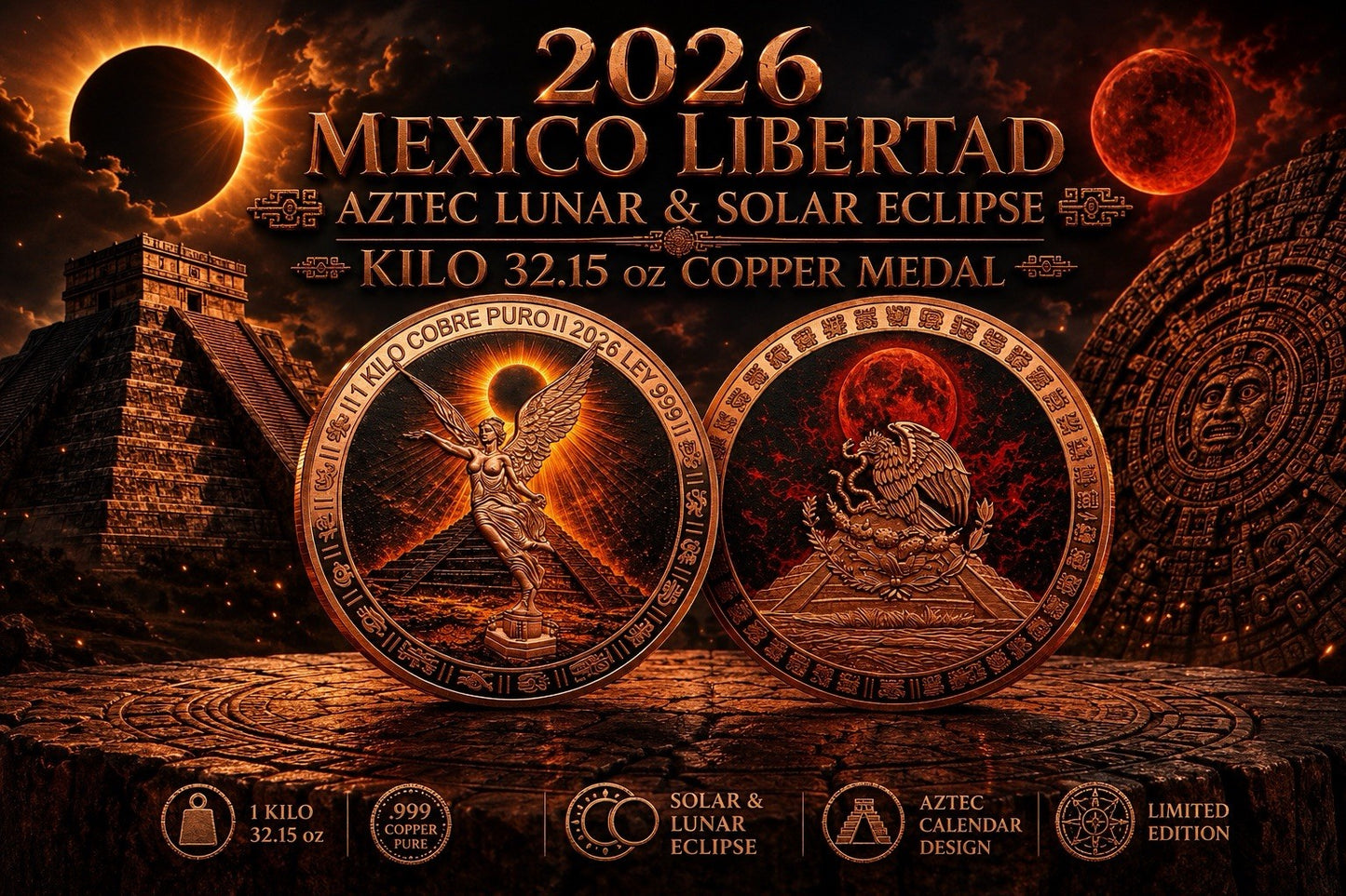 2026 Aztec Lunar & Solar Eclipse Colorized 1 Kilo Copper Medal