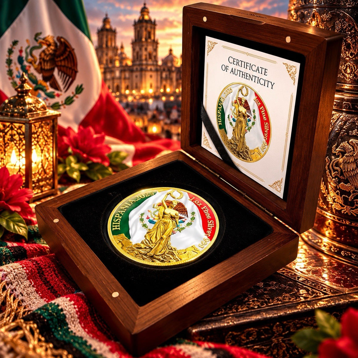 2025 Hispania Hispania Mexican Flag 24k Gold Gilded 1 oz Silver Coin