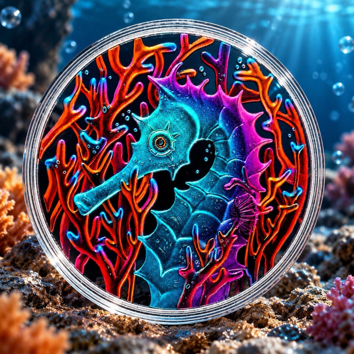 2026 Samoa Seahorse Neon Abyss 1 oz .999 Fine Silver Coin Colorized
