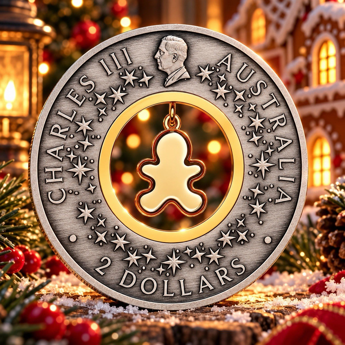 2026 Australia Gingerbread Christmas 2 oz .9999 Silver Coin Gold Insert