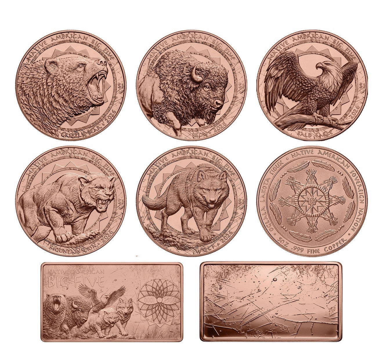 2026 Sioux Nation Native American Big Five 6 x 5 oz Copper Coin Set
