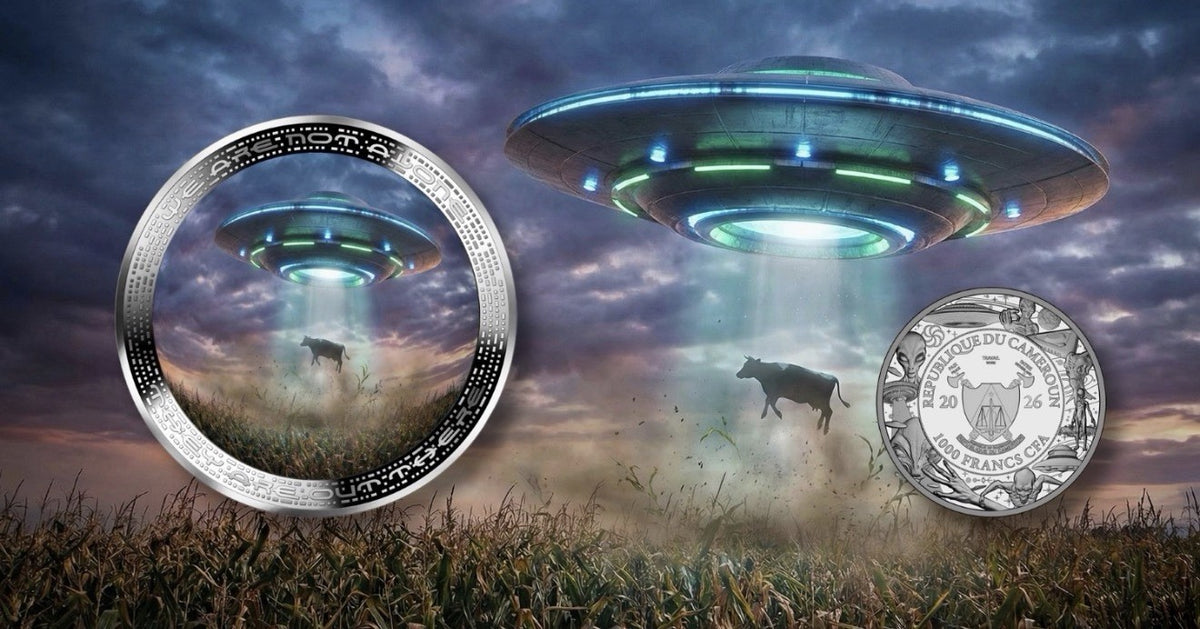 2026 Cameroon UFO Cow Abduction 1 oz .999 Silver Proof Coin, Alien Series