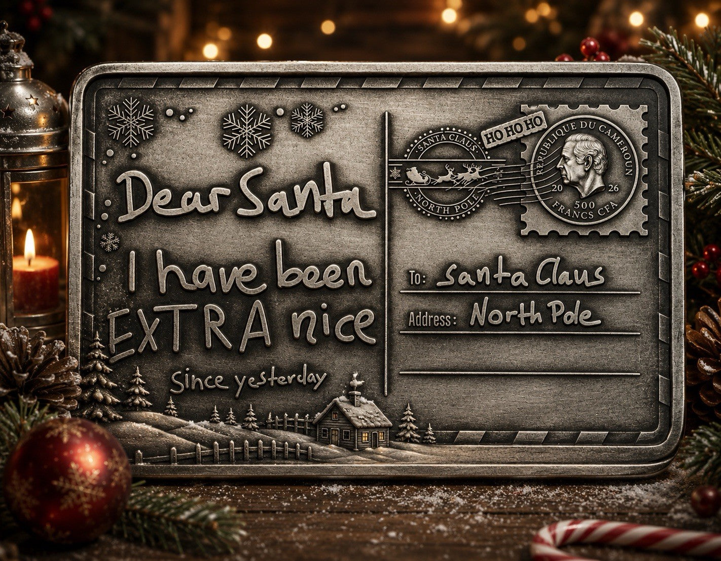 2026 Cameroon Postcard to Santa 100g White Brass Coin