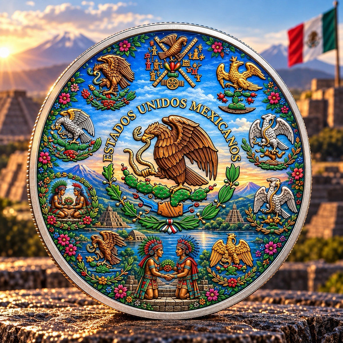2024 Mexico Aztec Flower Wars 1 oz Colorized Silver Coin