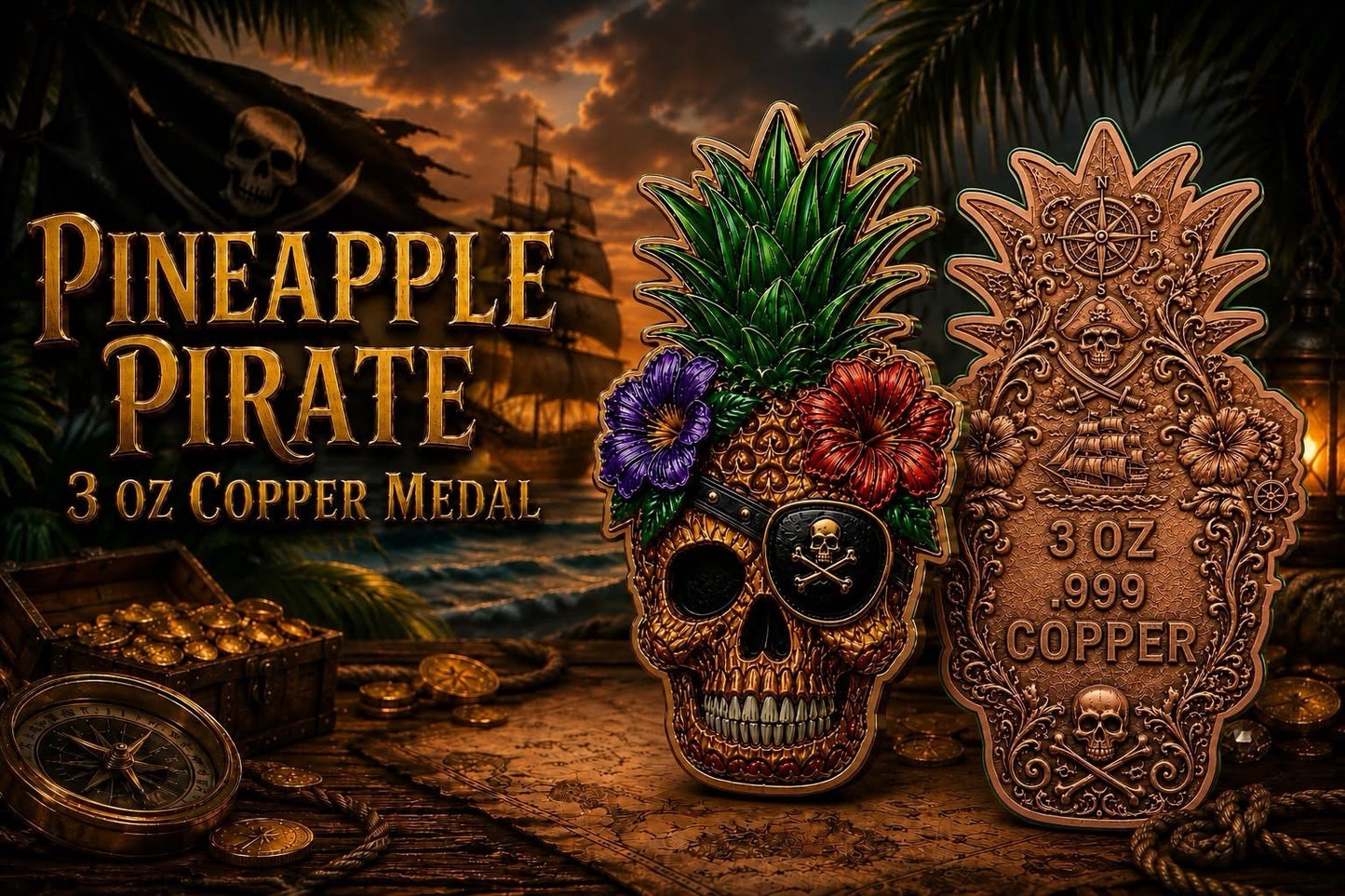 Pineapple Pirate Shaped 3 oz Copper Medal