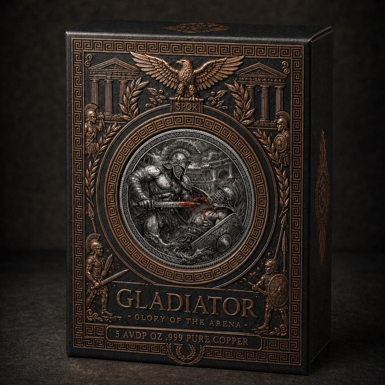 High Relief Gladiator .999 5 oz Copper Medal in box