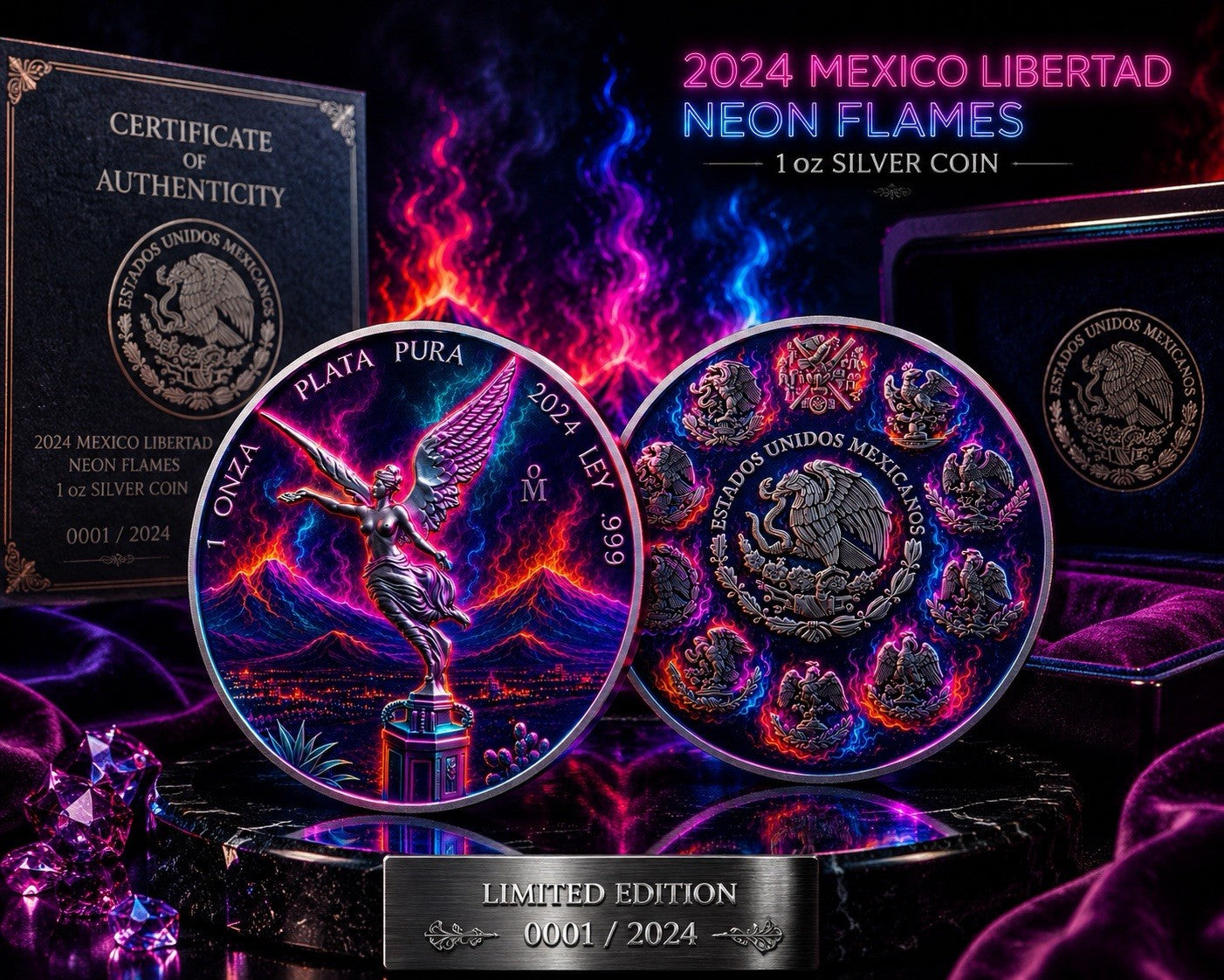 2024 Mexico Libertad Neon Flames Edition 1 oz Silver Coin
