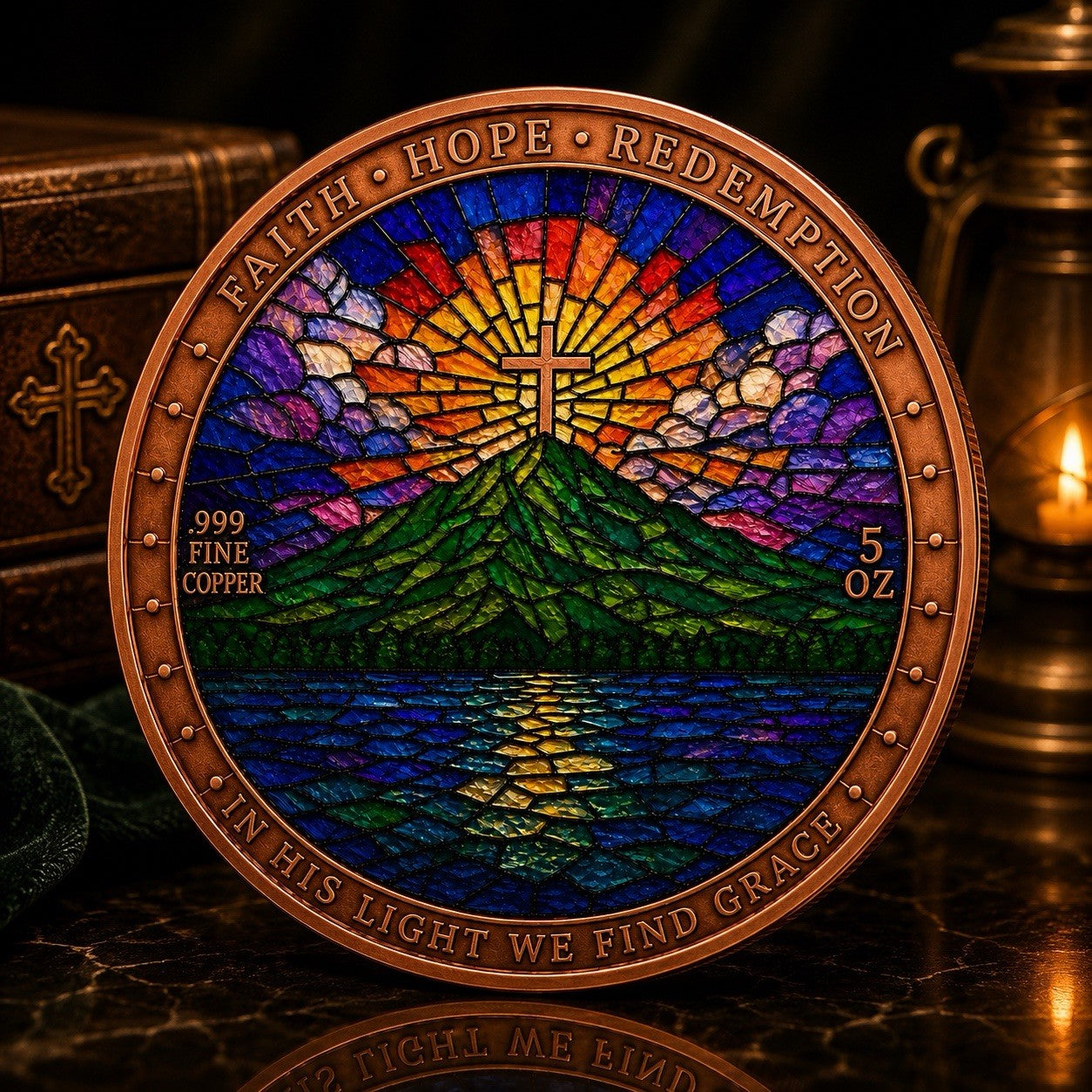 Stained Glass Christ the Redeemer Colorized 5 oz Copper Medal
