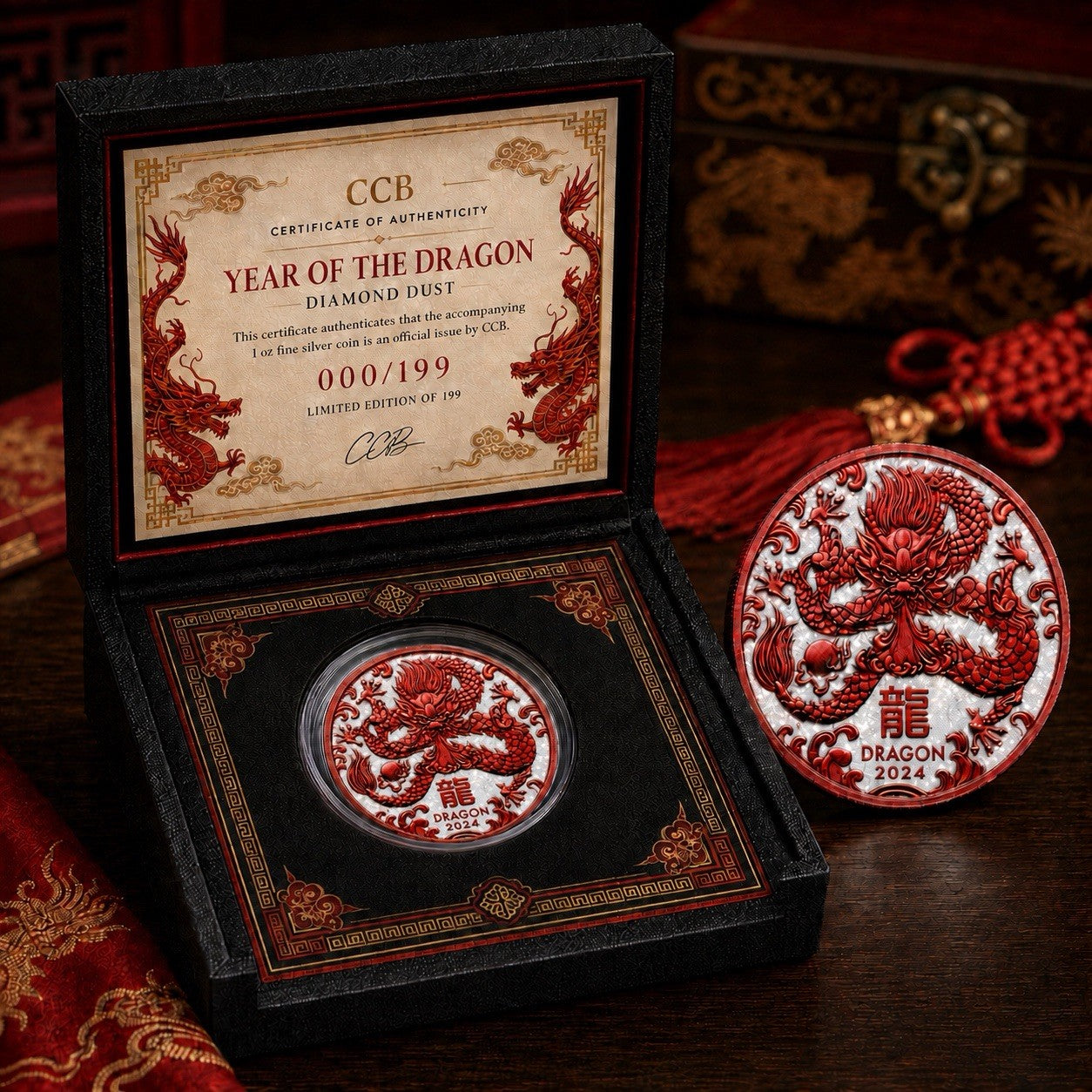 2024 Perth Year of the Dragon Diamond Dust 1oz .999 Silver Coin