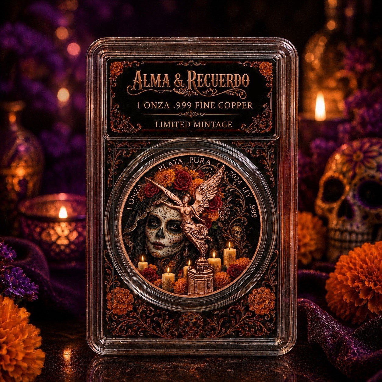 1 oz Alma y Recuerdo Dia De Los Muertos Color Copper Medal in Slab