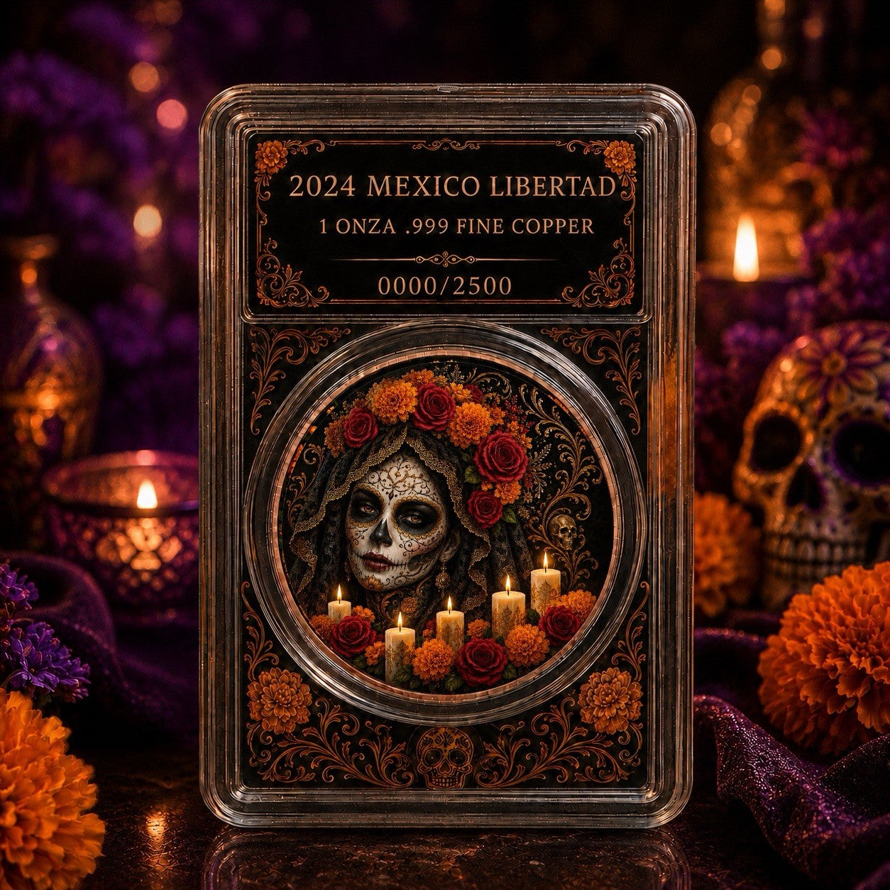 1 oz Alma y Recuerdo Dia De Los Muertos Color Copper Medal in Slab