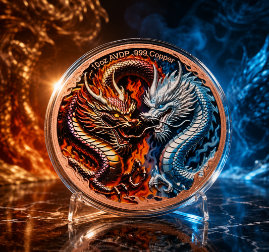 Dragon of Ice vs Dragon of Fire 10 oz AVDP .999 Fine Copper Round – Colorized – With Capsule