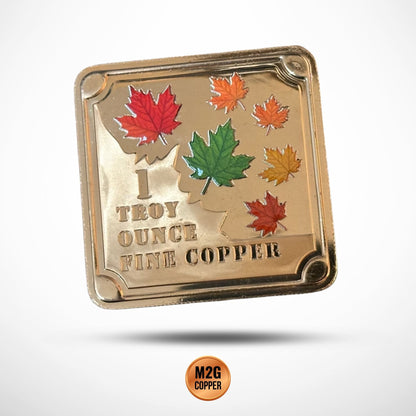 1 oz Copper Square Stackable Bar – Maple Leaves Design – .999 Fine Copper