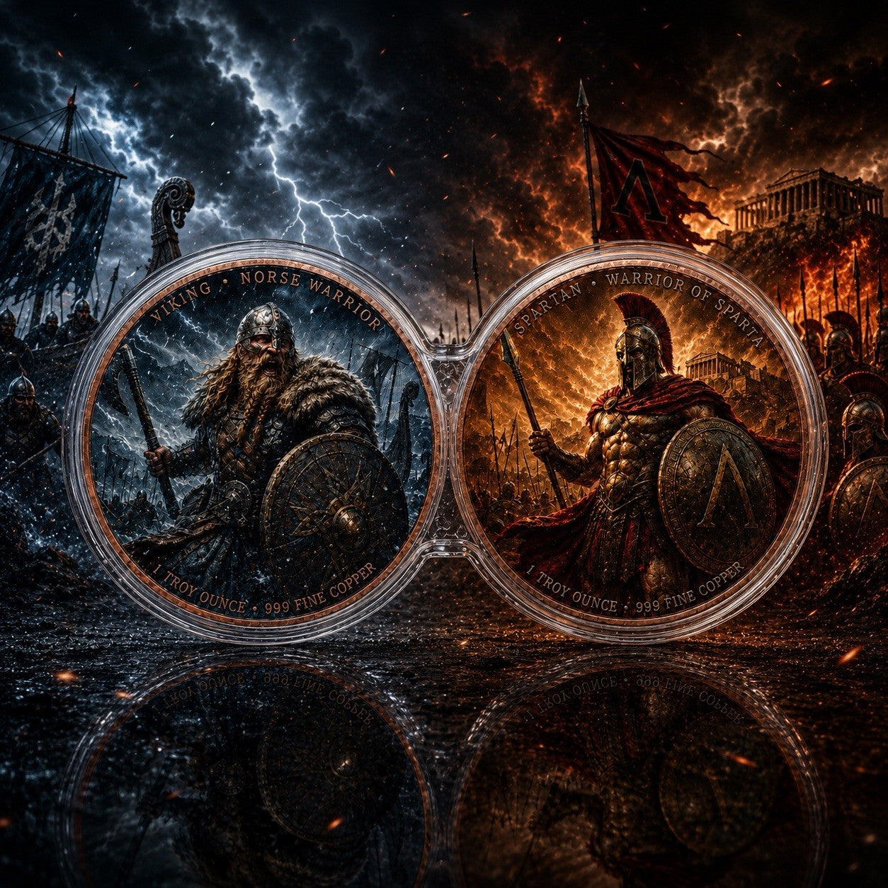 2 x 1 oz Viking vs Spartan Colorized .999 Copper Rounds in Infinity Capsule
