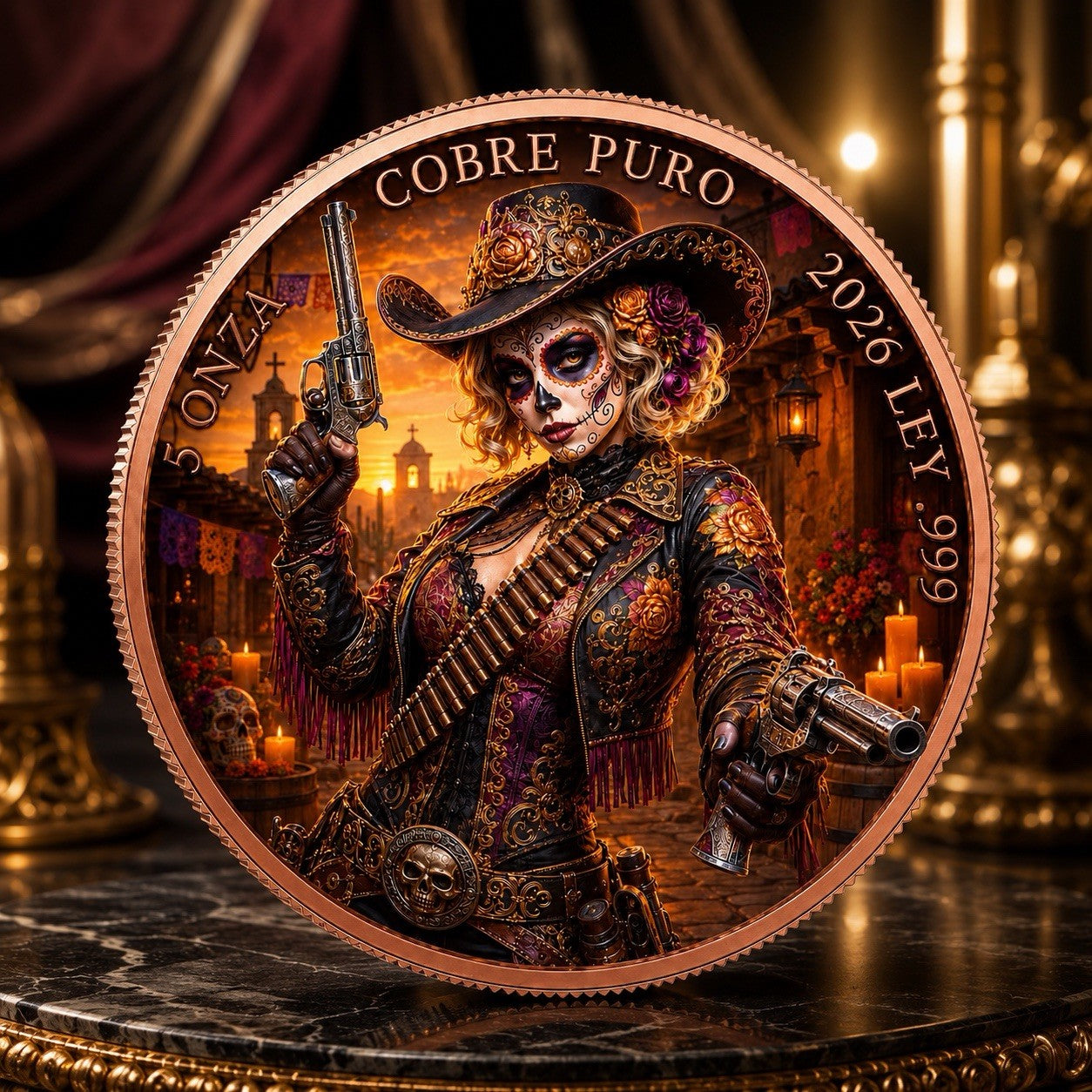 2026 Day of Dead Series: Cowgirl Catrina Dual Revolver 5oz Copper Round