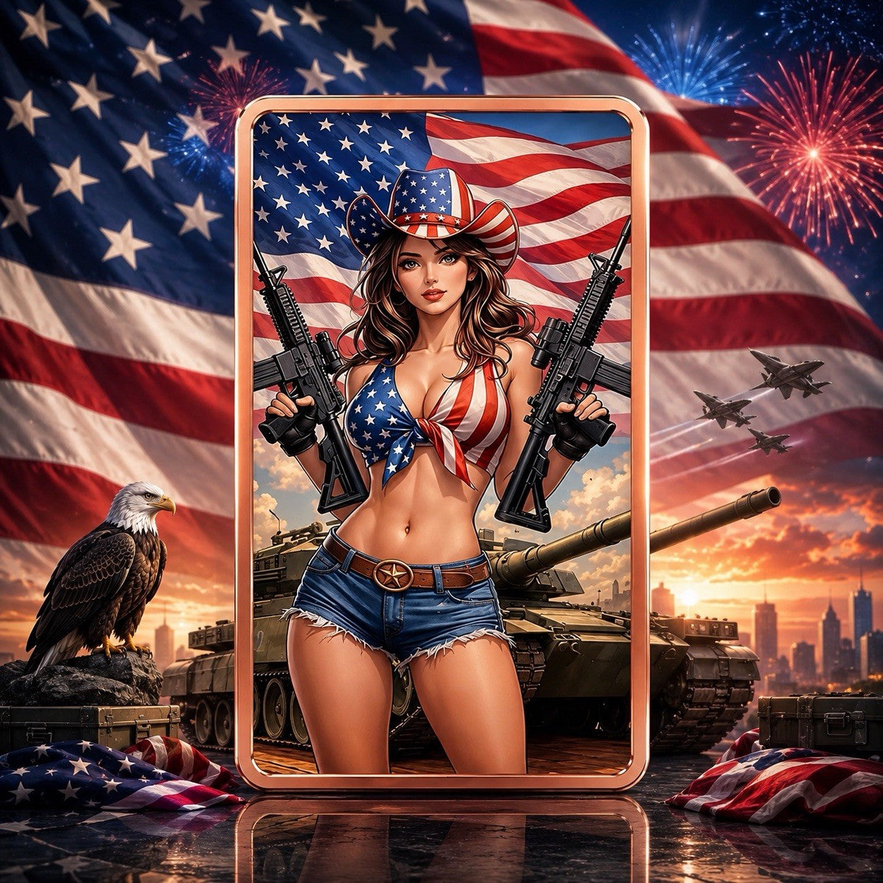 5 oz Colorized Copper Bar USA Patriot Cowgirl AR15 Eagle Flag Limit