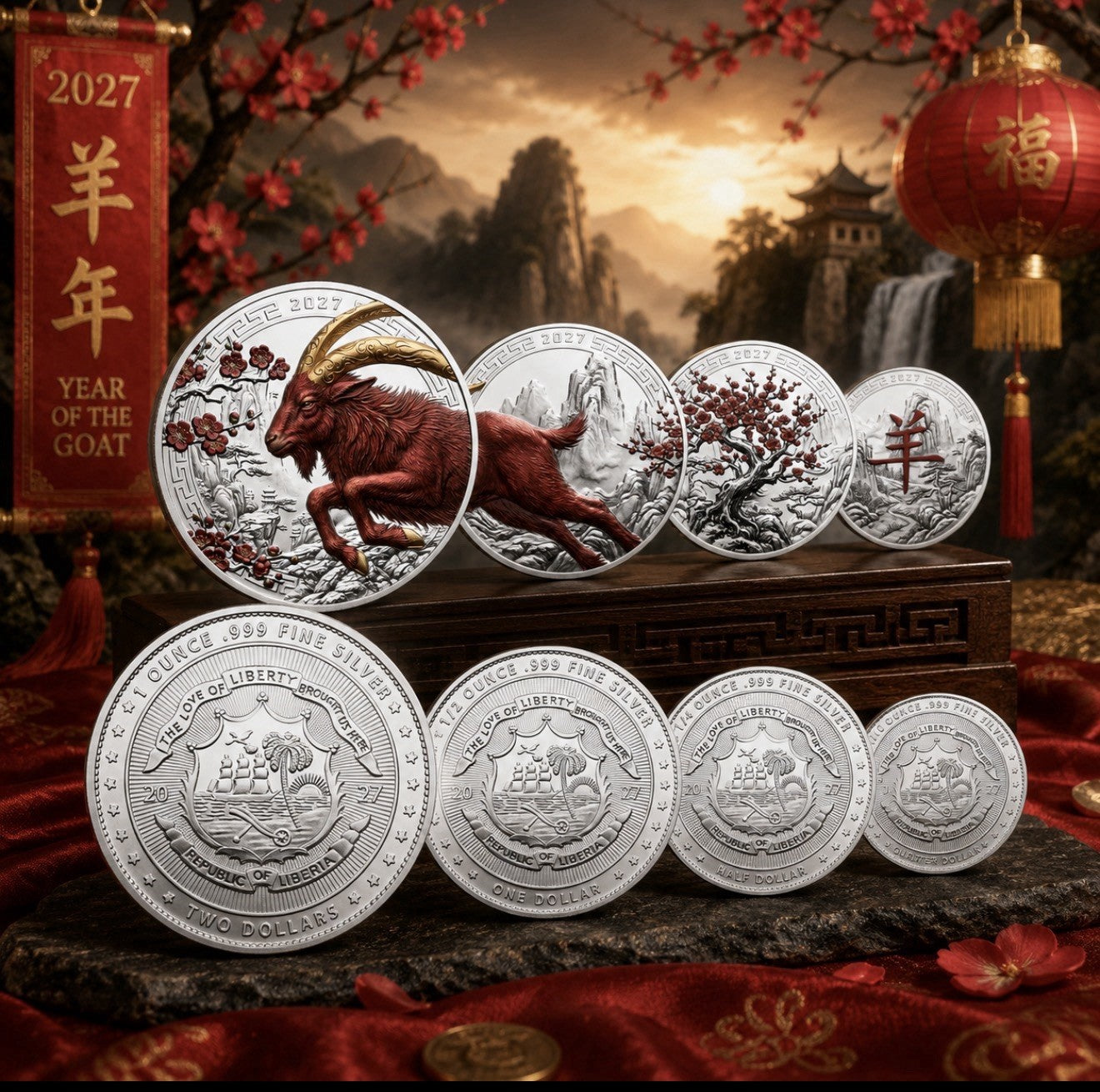 2027 Liberia Lunar Goat Fractional 1.85 oz Silver Set