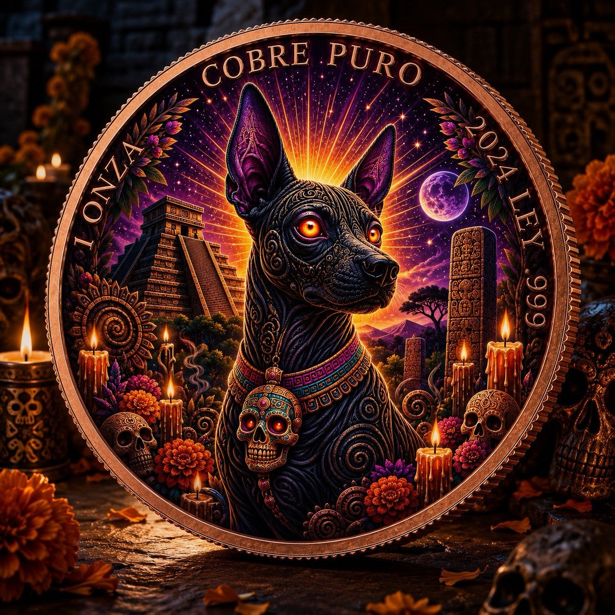 2024 Day of Dead Rose Series: Xoloitzcuintli Temple 1oz Copper Coin