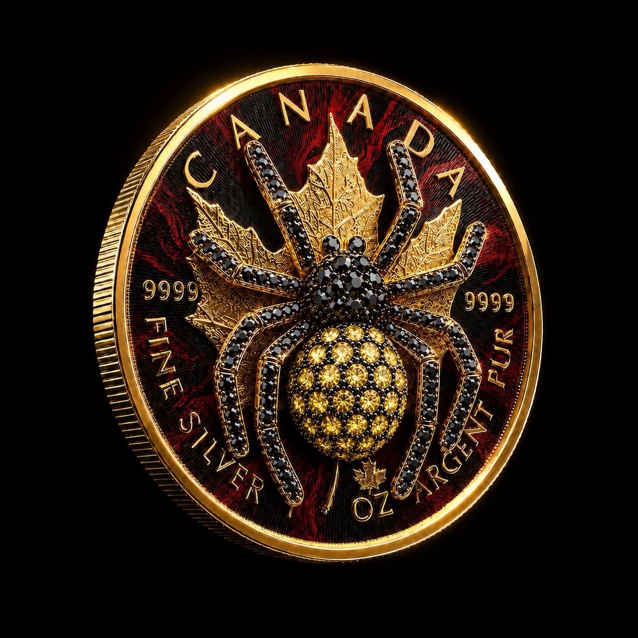 2026 Maple Red Abyssinia 1oz .999 Silver Coin with 3D Jewel Spider