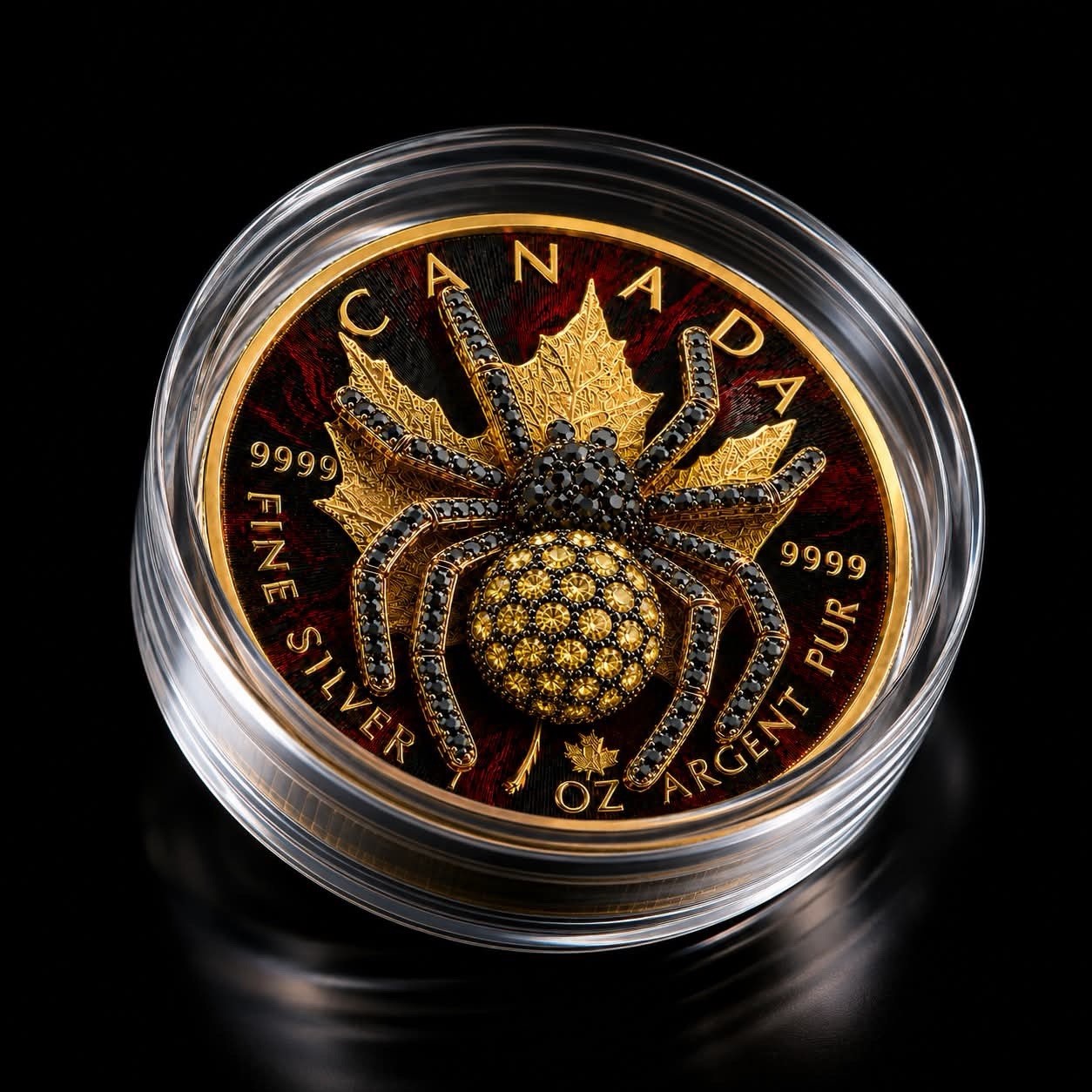2026 Maple Red Abyssinia 1oz .999 Silver Coin with 3D Jewel Spider
