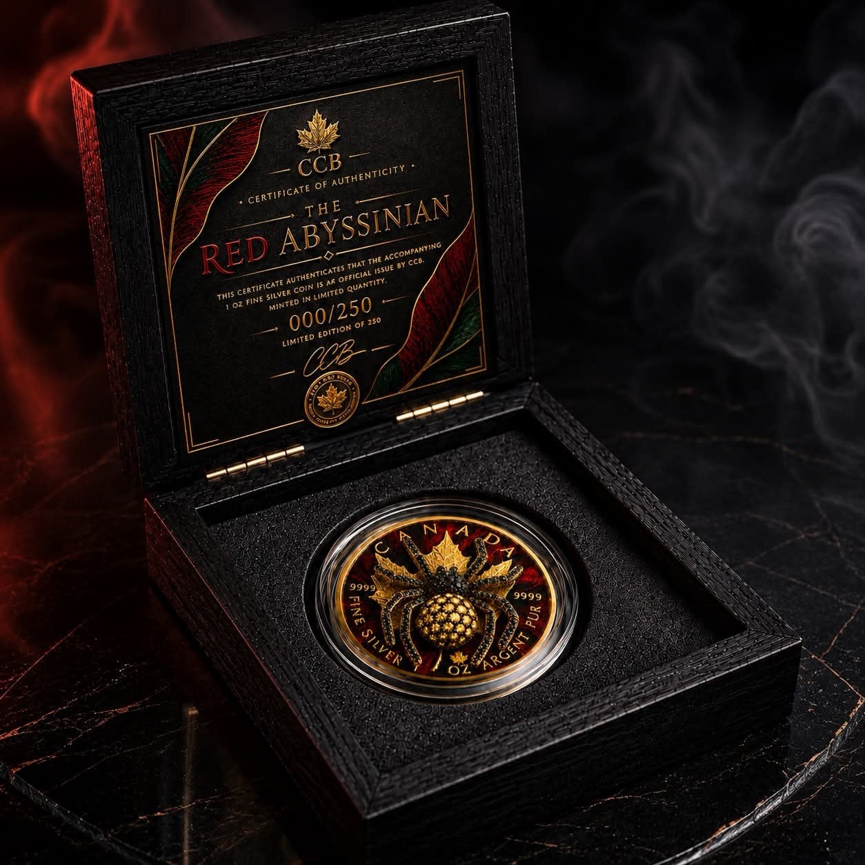 2026 Maple Red Abyssinia 1oz .999 Silver Coin with 3D Jewel Spider