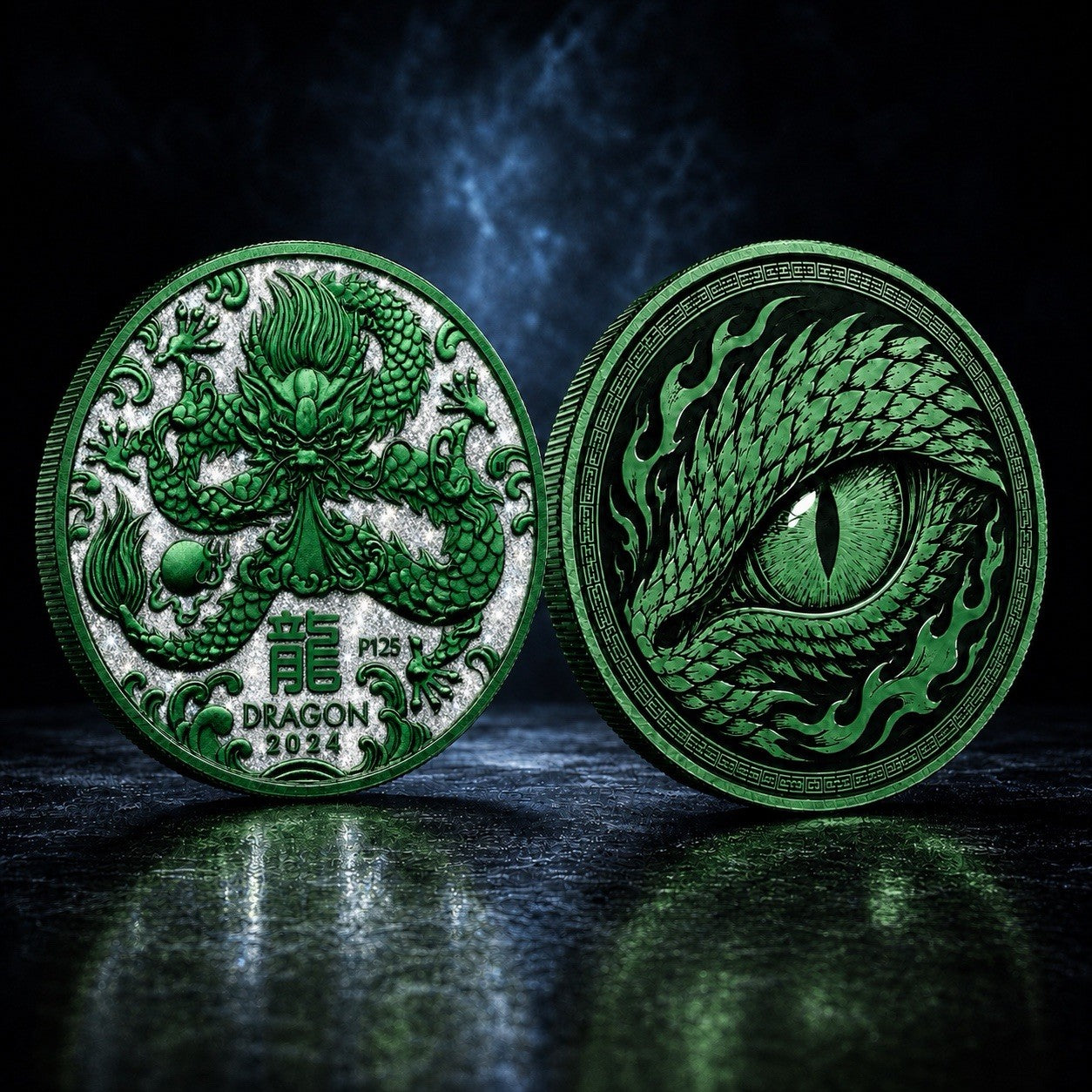 2024 Perth Year of the Dragon Diamond Dust 1oz  Galaxy Green  Coin