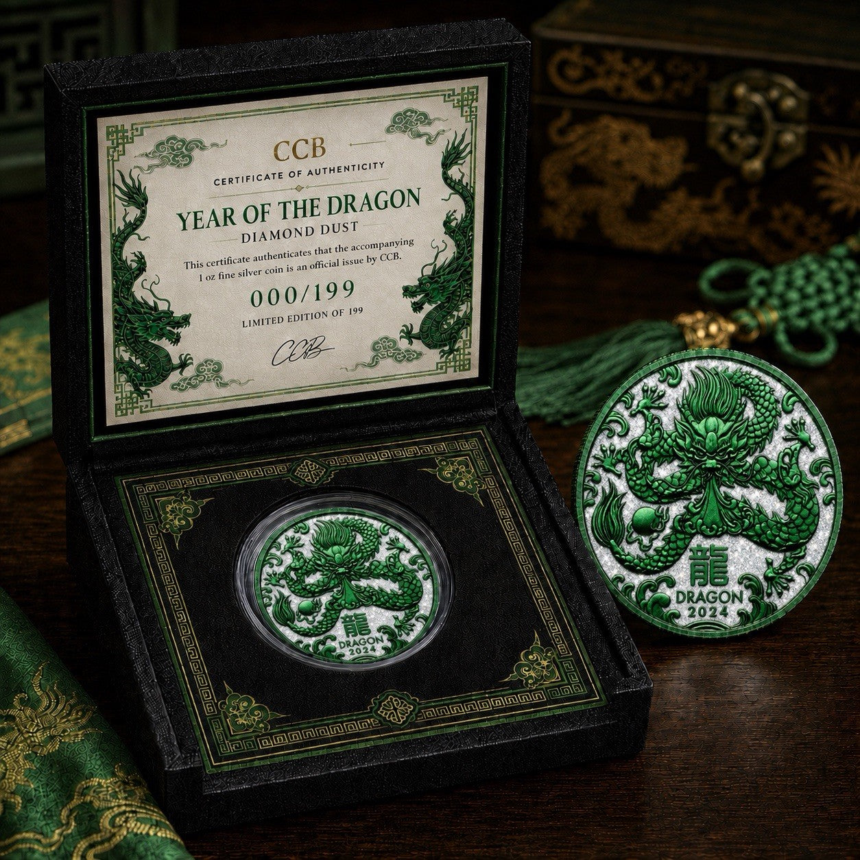 2024 Perth Year of the Dragon Diamond Dust 1oz  Galaxy Green  Coin