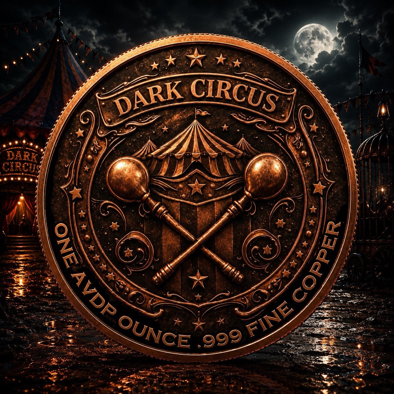 Dark Circus Colorized 1 Oz Copper Round in Display Card