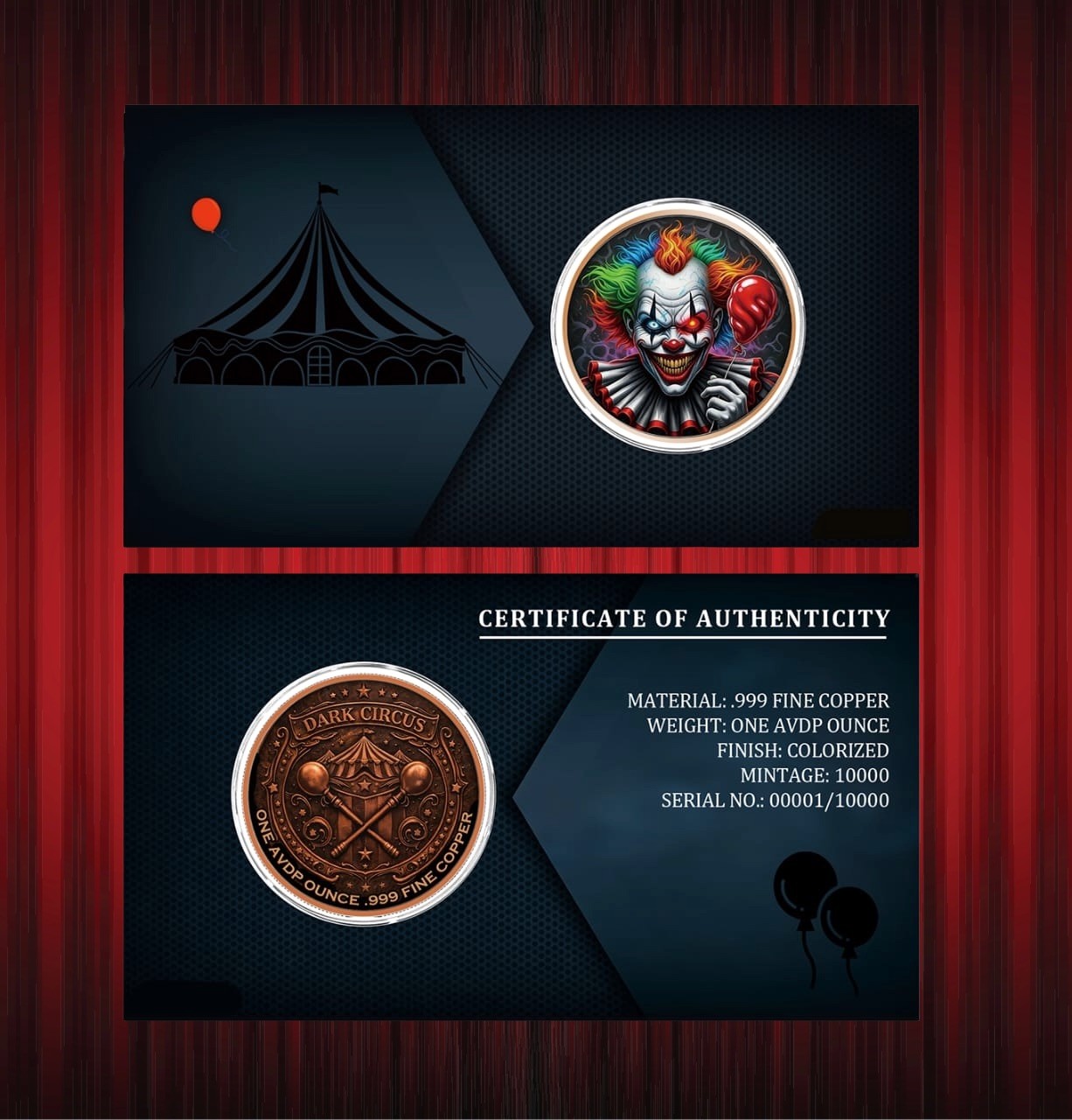 Dark Circus Colorized 1 Oz Copper Round in Display Card