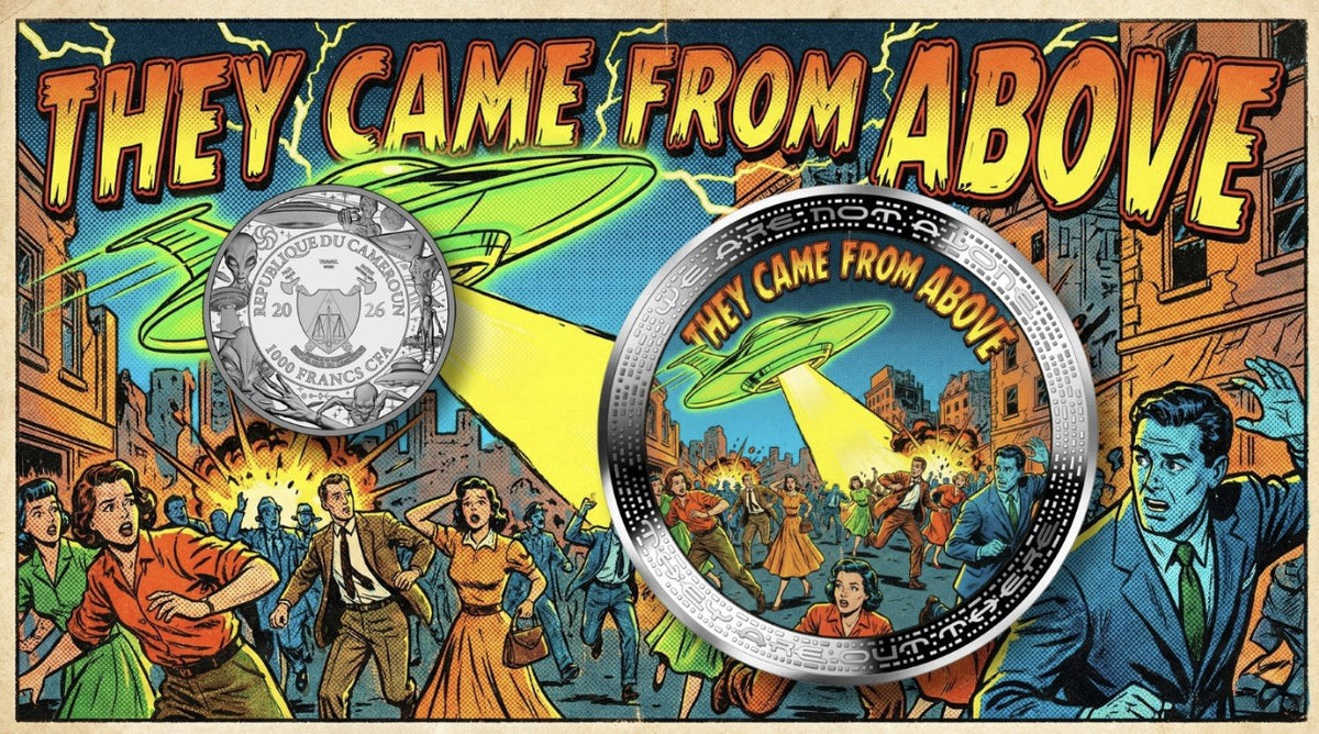 2026 Cameroon Alien Comic Book 1 oz .999 Silver Proof Coin, UFO Art
