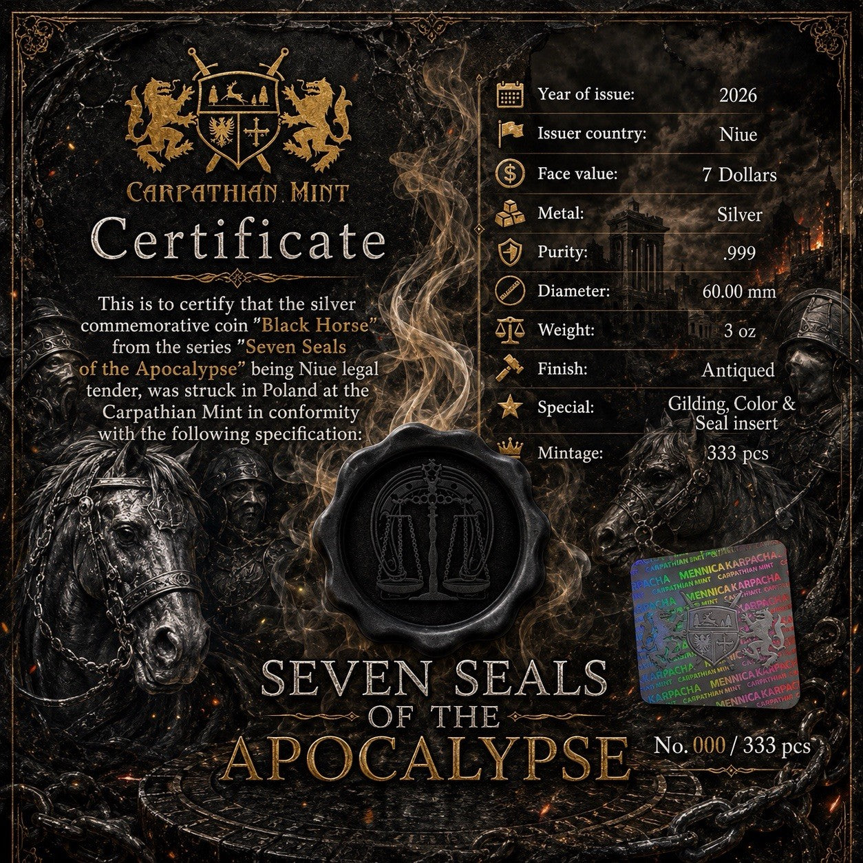 2026 Niue Seven Seals of the Apocalypse Black Horse 3 oz Silver Coin