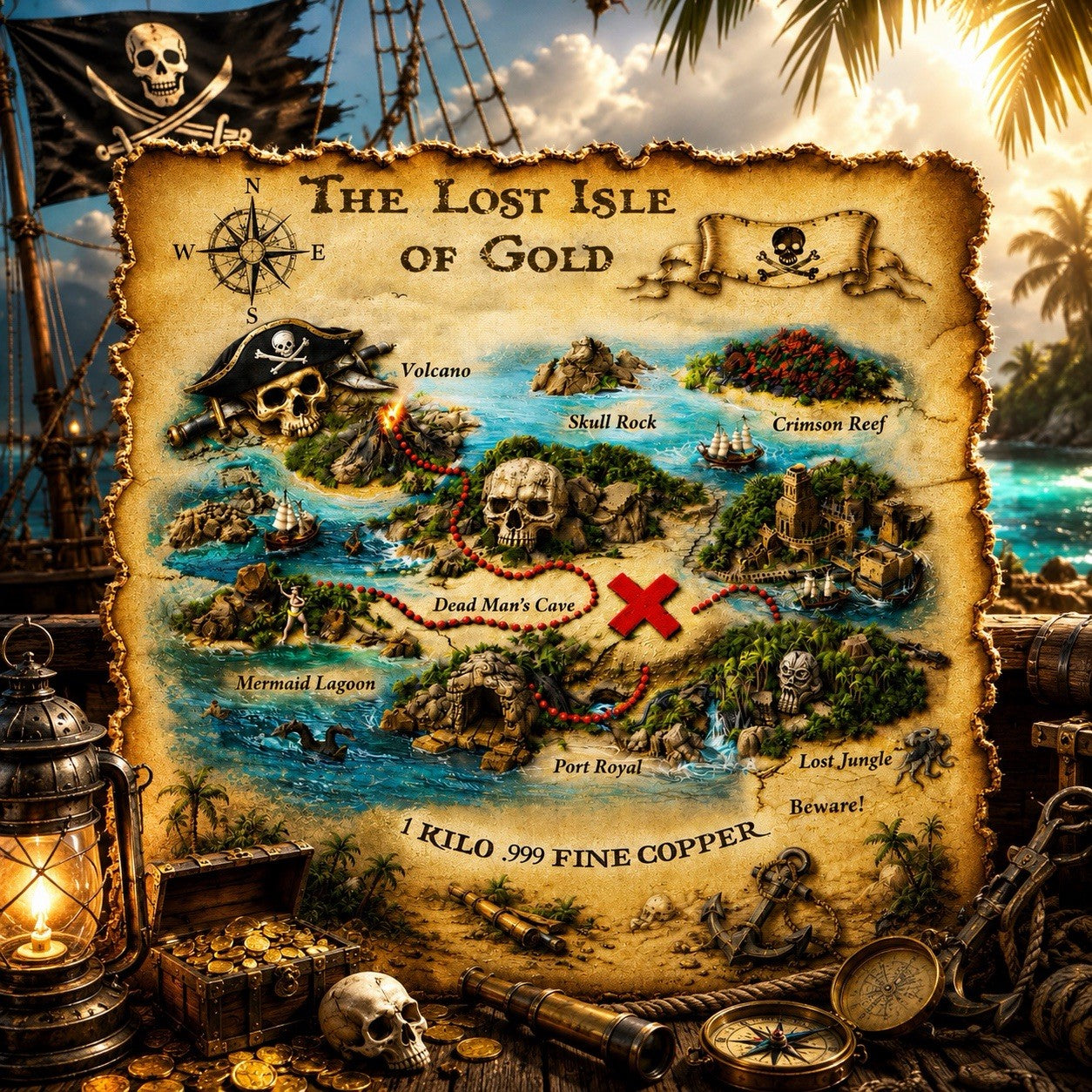 Lost Isle of Gold Treasure Map Shaped 1 Kilo Copper Medal