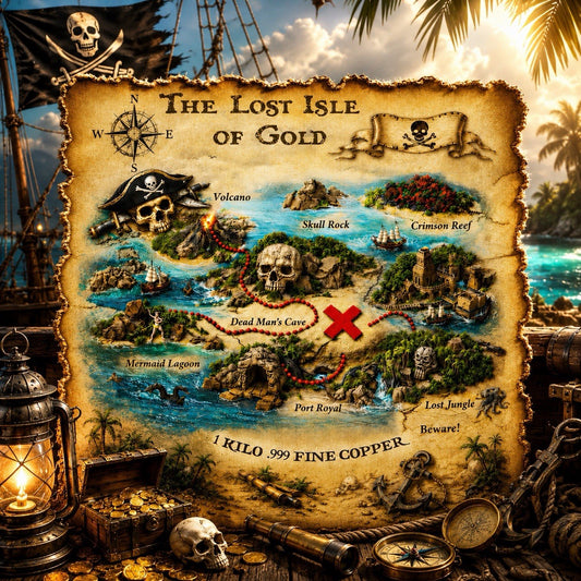 Lost Isle of Gold Treasure Map Shaped 1 Kilo Copper Medal