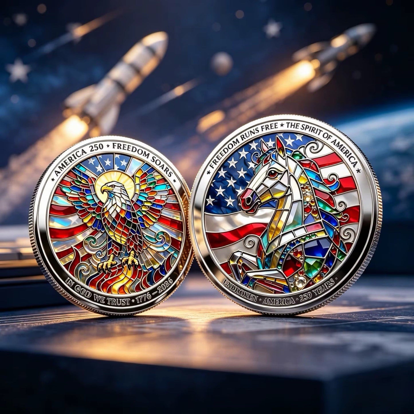 America 250th Stained Glass Style Commemorative Coin, Eagle & Horse