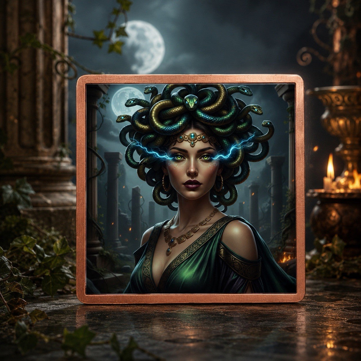 Medusa 5 oz .999 Fine Copper Square Art Bar in Capsule