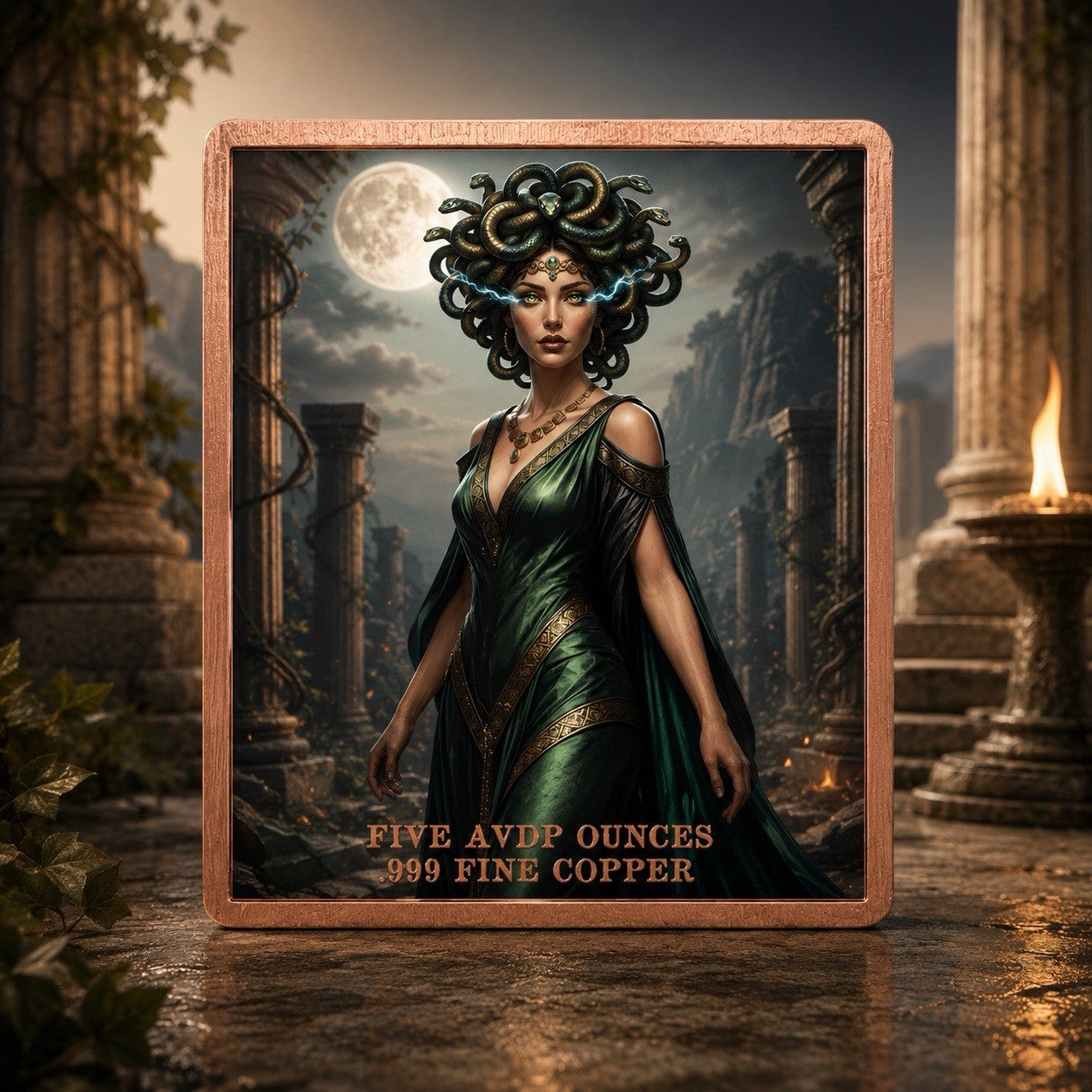 Medusa 5 oz .999 Fine Copper Square Art Bar in Capsule