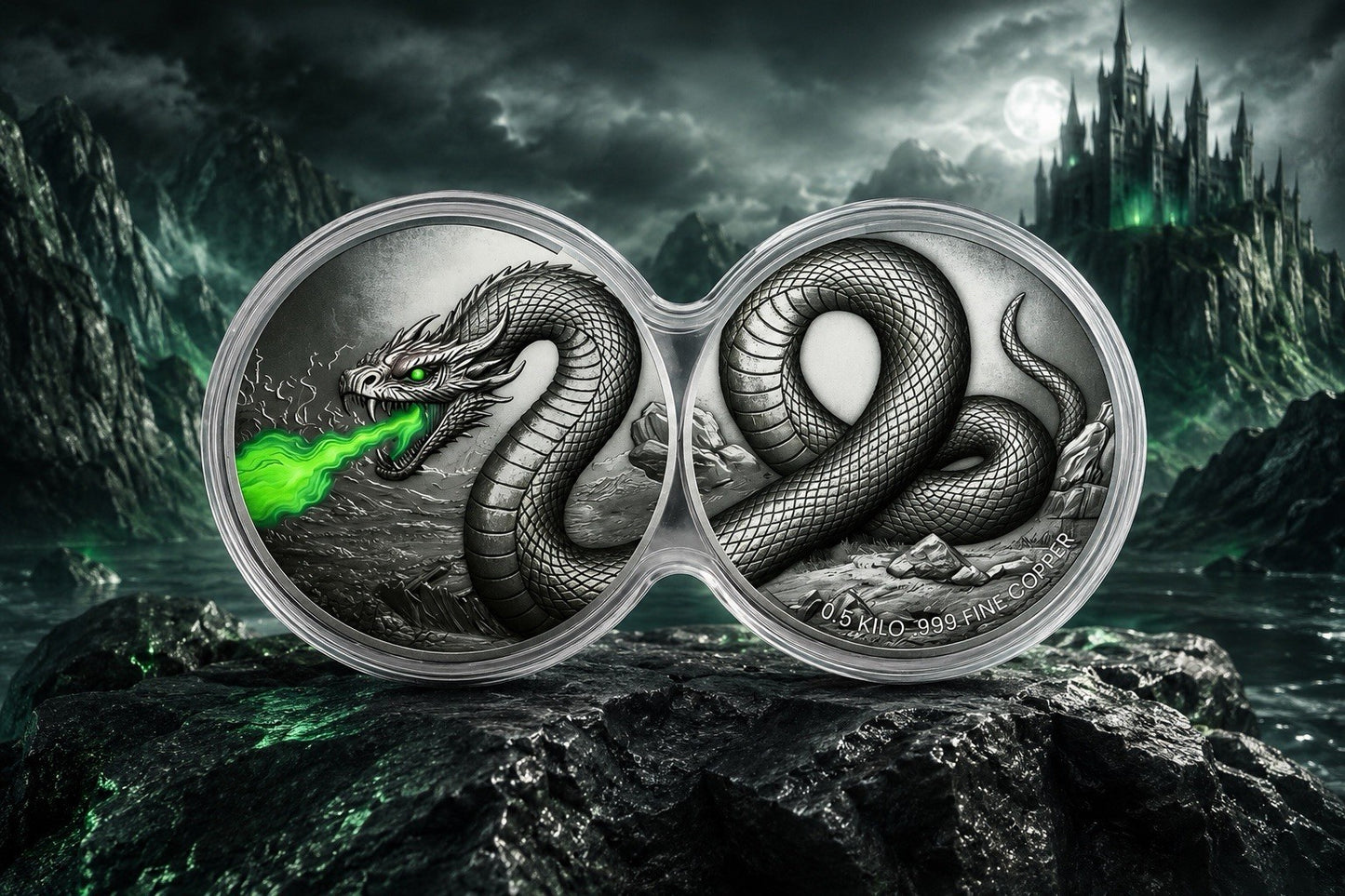 Viper’s Venom Glow-in-the-Dark 2 × 1/2 Kilo Copper Medal DuoStack